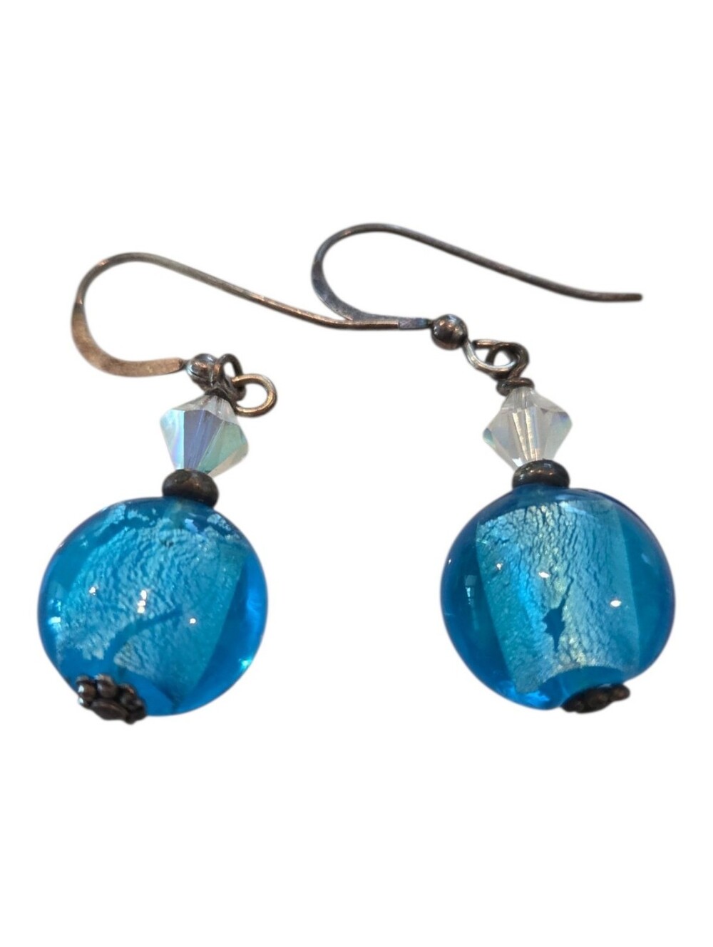 Vtg Murano Like Aqua Blue Glass Foil Bead Dangle Earrings 925 Sterling Silver